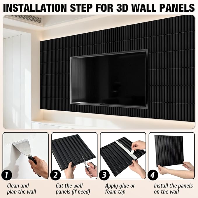 Qidejoy 33 Pcs 3D PVC Slat Wall Panels 12X12in Fluted Textured Paneling Modern Decorative Tiles Cuttable Paintable DIY Wall Art for Interior Decor, Bedroom, Ceiling, TV Background, Bathroom (Black)
