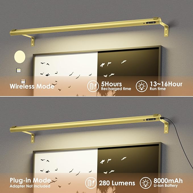Battery Operated Wireless Picture Light，Rechargeable/Plugged in 31.5inch Painting Display Light,Remote Control Wall Lights with Three Modes and Timing for Art Frame (Gold)