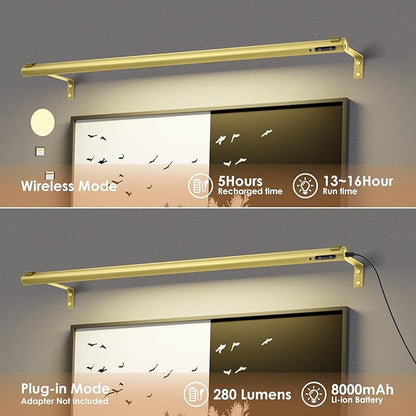 Battery Operated Wireless Picture Light，Rechargeable/Plugged in 31.5inch Painting Display Light,Remote Control Wall Lights with Three Modes and Timing for Art Frame (Gold)