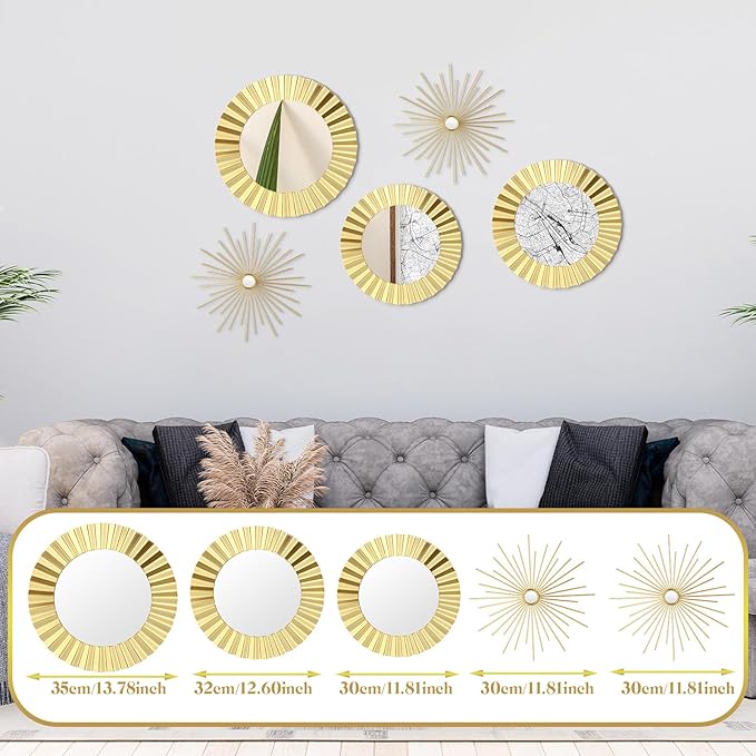 5 Pack Gold Metal Mirrors for Wall Gold Starburst Sunburst Wall Decor Set Metal Round Mirrors Decor Hanging Art Circle for Living Room Bathroom Bedroom Modern Decorative Gifts