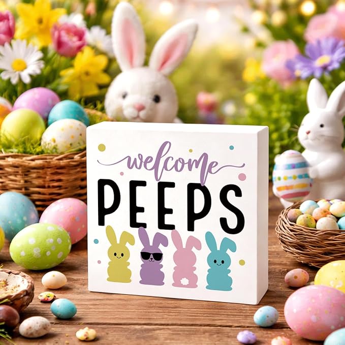 Easter Desk Decorations Every Bunny Welcome Wooden Box Sign, Bunny Rabbit Spring Tabletop Decor, Farmhouse Shelf Plaque for Home Office Living Room Easter Decorations