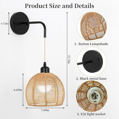 Boho Wall Sconce with Remote,Rattan Battery Operated Wall Sconces Set of 2,15 Colors Dimmable Wireless Wall Light Indoor,Rechargeable Battery Wall lamp for Bedroom, Living Room, Entryway