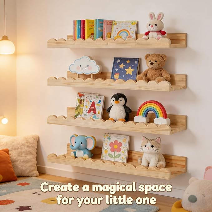 NCONCO Nursery Book Shelves, 4 Pack 23x4.3inch Floating Shelves for Wall Photo Picture Ledge Shelves Wall Book Shelves for Kids Bedroom Living Room Kitchen Nursery Decor