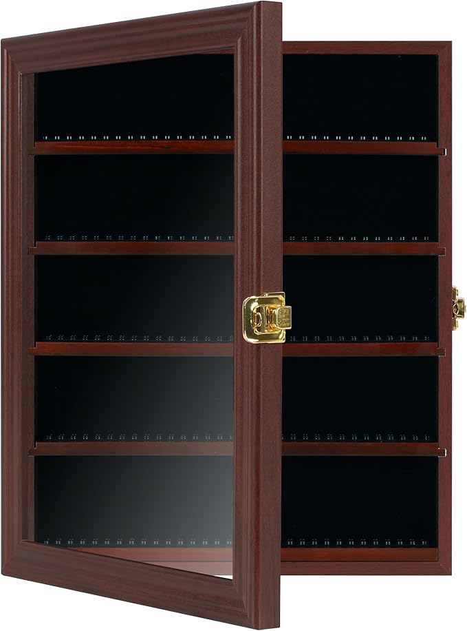 Block Toy Minifigures Dimensions Display Case Thimble Wall Cabinet Shelves Compatible with Challenge Coin Lockalbe UV Protection Door (Small - Mahogany Frame)