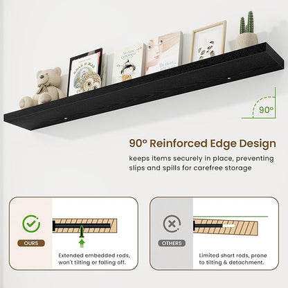 72in Floating Shelves for Wall, 72"W x 9.25"D x 1.5"H, Long Wall Mounted Engineered Wood Shelves with Invisible Brackets for Living Room, Bedroom, Bathroom, Kitchen Decor and Storage, Black