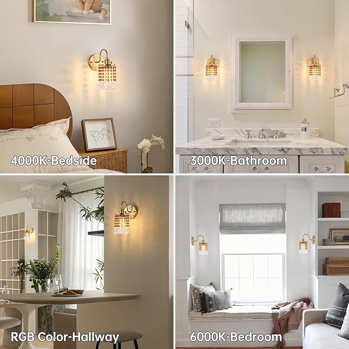 Set of 2 Crystal Battery Operated Wall Sconce, Rechargeable Battery Powered Wall Lamp with Remote Control, Modern Dimmable Wall Lights for Bedroom Bathroom(Tawny, Gold Base)