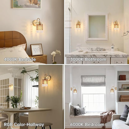 Set of 2 Crystal Battery Operated Wall Sconce, Rechargeable Battery Powered Wall Lamp with Remote Control, Modern Dimmable Wall Lights for Bedroom Bathroom(Tawny, Gold Base)