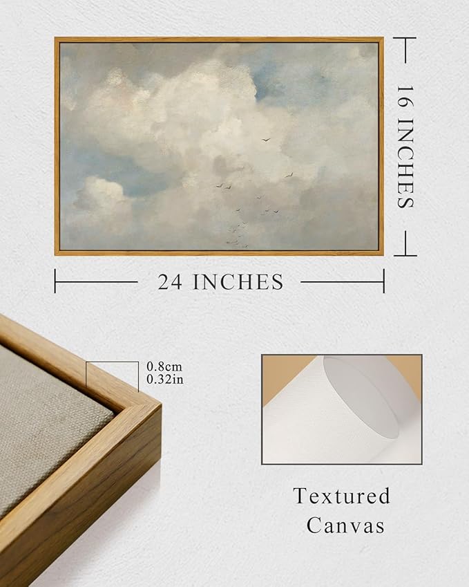 InSimSea Framed Canvas Wall Art Vintage Decor, Home Decor Classical Oil Paintings Sky Cloud Prints, Vintage Landscape Large Wall Art for Living Room Bedroom Bathroom Home Office Decor, 16