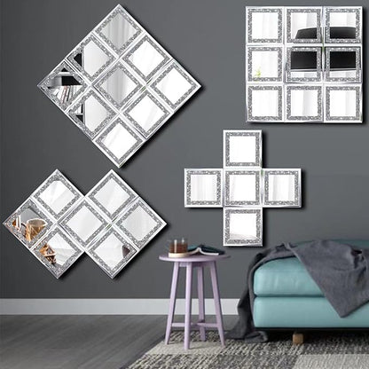 Crush Diamond Mirrors Wall Decor 6inch Mirror Tiles for Crafts, 8 Pack Square Silver Diamond Glass Mirrors for Home Wall Decor, Mosaics DIY.