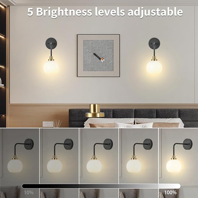 Battery Operated Wall Sconces Set of 2, Black Gold Rechargeable Wireless Wall Lights with Milky White Shade, 12 RGB and 3CCT Dimmable Wall Lamps with Remote for Bedroom Living Room Hallway