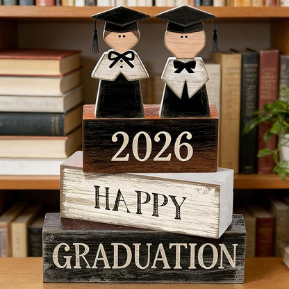 2026 Graduation Table Decorations Class of 2026 Senior Tiered Tray Decor Wooden Block Signs Farmhouse Congrats Grad Tabletop Party Centerpiece for Tables Wooden Sign for Home Decor