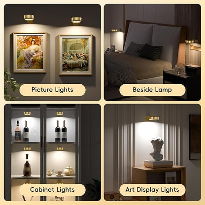 Picture Lights for Wall, Rechargeable Magnetic Poster Lights with 3 Color Temperatures, Dimmable Timer Painting Decor Light for Art Display, Frame (Gold, 1 Pack)