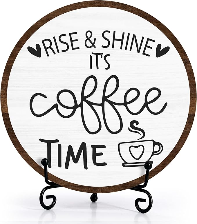 Coffee Desk Decor Sign, Farmhouse Wood Plaque, It Is Coffee Time Wood Sign, Cafe Lover Gifts, Decor For Home Kitchen Table Top, Wooden Round Decorations With Stand-14