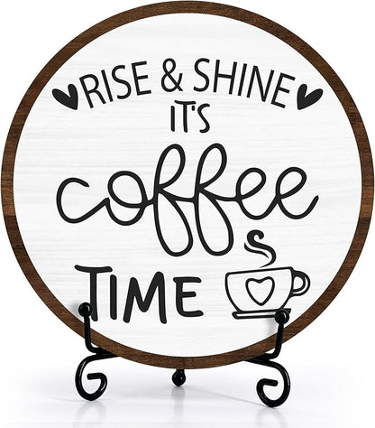 Coffee Desk Decor Sign, Farmhouse Wood Plaque, It Is Coffee Time Wood Sign, Cafe Lover Gifts, Decor For Home Kitchen Table Top, Wooden Round Decorations With Stand-14