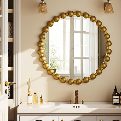 Round Mirror for Wall, 24 Inch Gold Beaded Frame Decorative Vanity Mirror, Circle Bathroom Mirror with High-Definition Lense, Modern Wall Decor for Bathroom, Living Room, Bedroom, Entryway