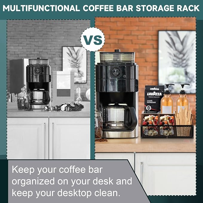 Coffee Station Organizer for Countertop, All in One No Assembly Wood Coffee Creamer Bar Holder with Iron Mesh, Office Tea Bar Accessories Gift for New Home Birthday(Dark Brown,Classical)