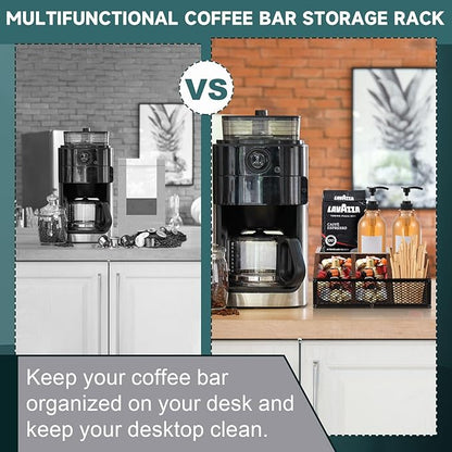Coffee Station Organizer for Countertop, All in One No Assembly Wood Coffee Creamer Bar Holder with Iron Mesh, Office Tea Bar Accessories Gift for New Home Birthday(Dark Brown,Classical)