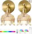 Vintage Battery Operated Wall Sconces - 5000mAh Rechargeable Dimmable Lights with Remote Control - Set of 2 Cognac Flower Glass Cordless Mounted Lighting - Wireless Powered Light Sconce for Bedroom