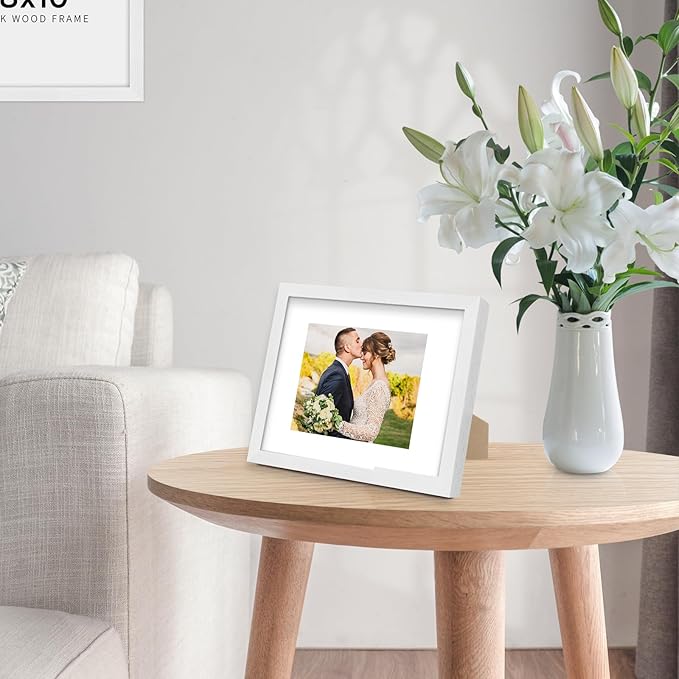 puthiac 5x7 Solid Oak Wood Picture Frame, Fits 4x6 with Mat or 5x7 Without Mat, Wall or Tabletop Display with Stand, Vertical or Horizontal, Plexi Front, 1 Pack, White