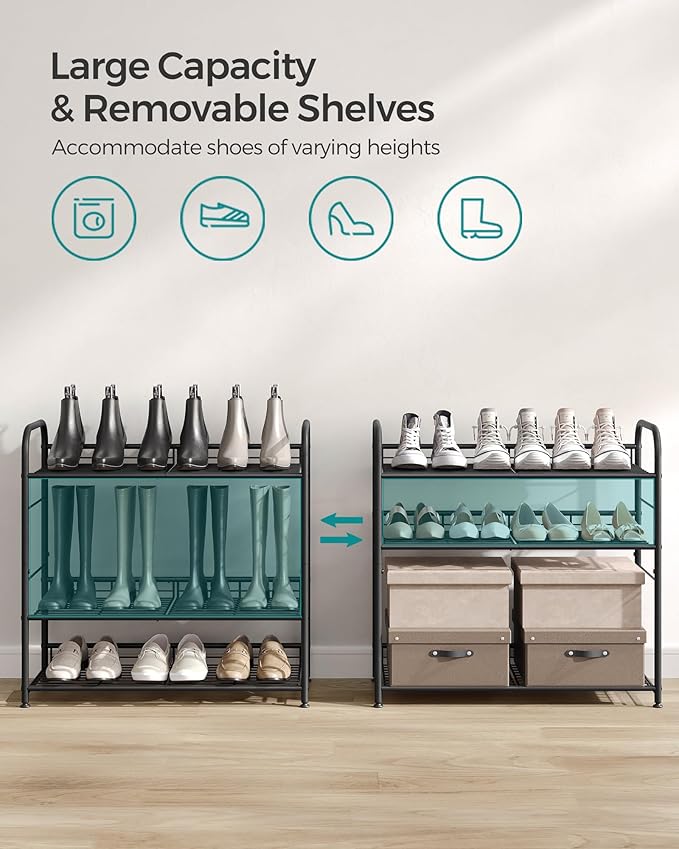SONGMICS Stackable Shoe Rack, 4 Tier Metal Shoes Rack Storage Shelf, Holds up to 16 Pairs Shoes, Adjustable Slanted Shelves Shoe Tower Organizer for Closet Entryway Small Spaces, Black