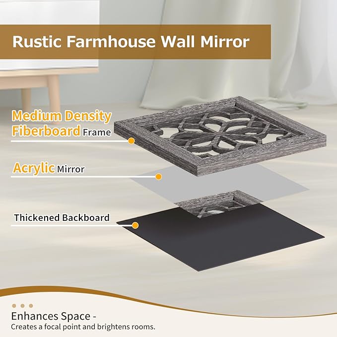 Boho Wall Mirror Decor, Set of 2 Rustic Farmhouse Accent Mirror 12x12 Inch, Square Shatterproof Vintage Style Mirrors for Wall, Small Decorative Mirrors for Living Room, Bedroom(Brown)