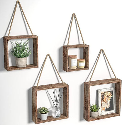 J JACKCUBE DESIGN Floating Hanging Square Shelves Wall Mounted Rustic Wood Cube Display Shelf Shadow Boxes Decorative Boho Home Décor for Living Room, Bedroom, Office, Set of 4 (Brown) - MK571B