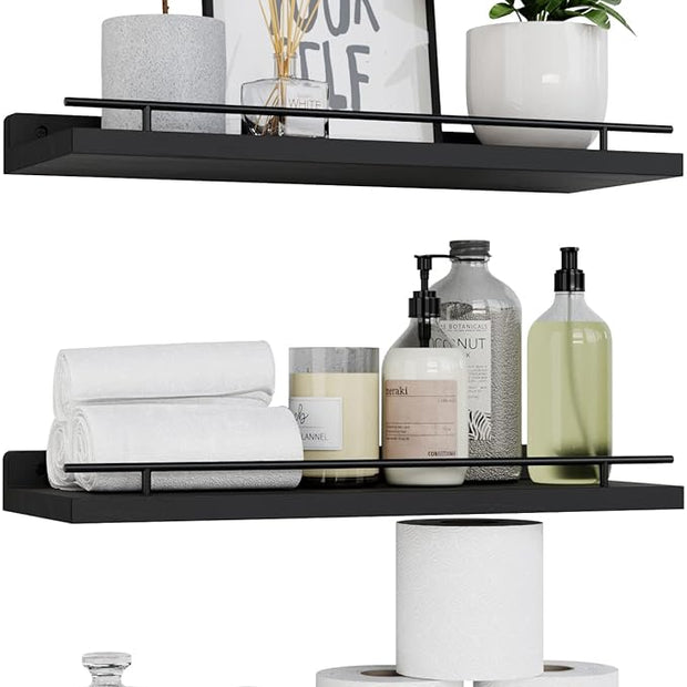 WOPITUES Floating Shelves with Black Metal Guardrail, Shelves for Wall Decor Set of 3, Wall Shelves for Bedroom, Bathroom, Kitchen, Living Room, Plants, Picture Frames, Art- Black