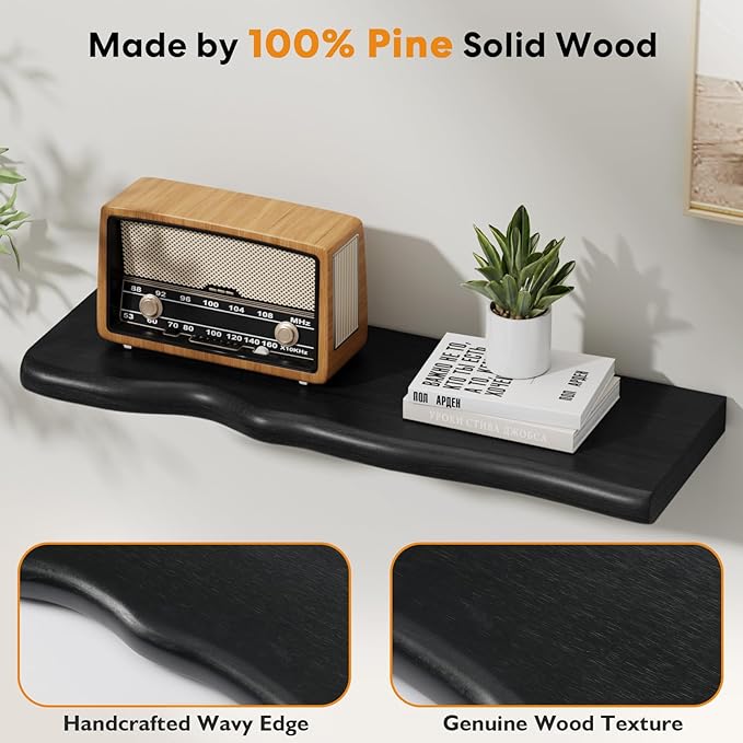 Floating Shelves for Wall Rustic Farmhouse 24 Inch Floating Shelf Bathroom Wooden Shelves for Wall Mounted Live Edge Pine Shelf with Unique Natural Grain for Living Room Bedroom Kitchen (Black)