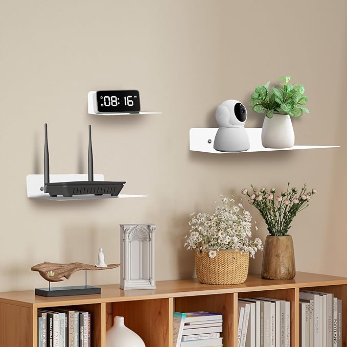 Steel Floating Shelves for Wall,Small Wall Shelf，Suitable for Bedroom, Living Room, Bathroom, Kitchen, Office (White, 2Pack 11.81x8.46 in)
