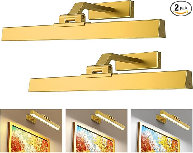 Picture Lights for Wall, Battery Operated Picture Light 16in Art Light CCT Dimmable Recharging Battery Wall Light with Remote Control for Living Room Gallery Gold 2PCS