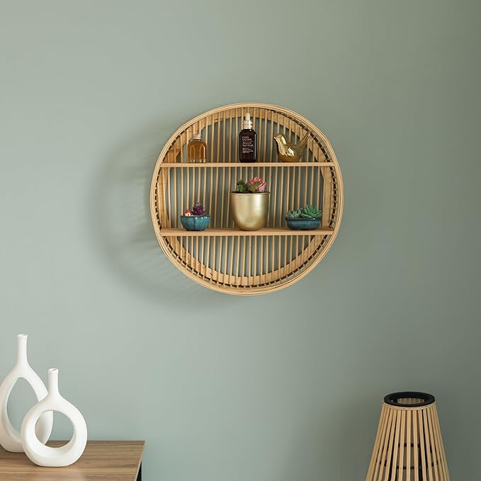 Vintiquewise Decorative Rattan Round Display Shelf with 2 Shelves for The Dining Room, Living Room, or Office.