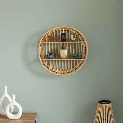 Vintiquewise Decorative Rattan Round Display Shelf with 2 Shelves for The Dining Room, Living Room, or Office.