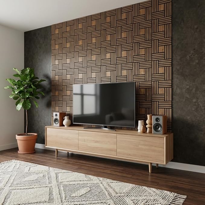 WoveN SounD Artisan Acoustic Wall Panels, 16 Pack 12x12 Inch, Wood Veneer Carved Sound Proof Wall Decor, Self-Adhesive for Home, Studio, Office & Focus Zones, Metre, Teak