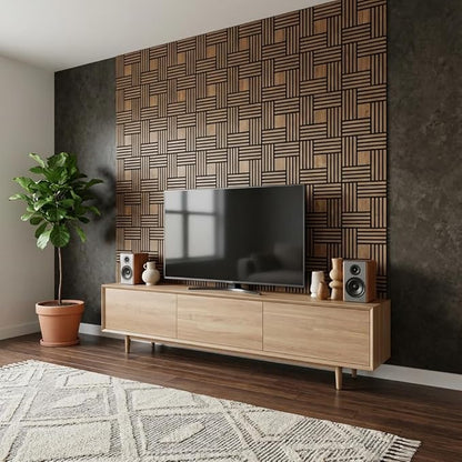 WoveN SounD Artisan Acoustic Wall Panels, 16 Pack 12x12 Inch, Wood Veneer Carved Sound Proof Wall Decor, Self-Adhesive for Home, Studio, Office & Focus Zones, Metre, Teak