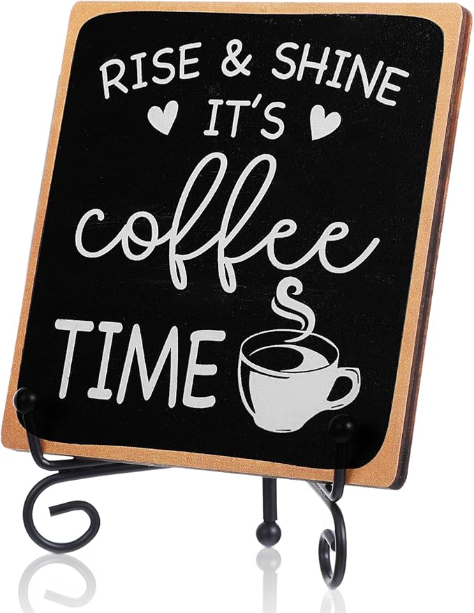 Wooden Coffee Sign Rise & Shine It's Coffee Time Decor Funny Bar Accessories Decorations Supplies Farmhouse Wood Plaque with Stand for Women Men Home Office Kitchen Tabletop Shelf