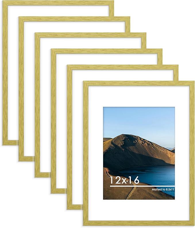 PEALSN 12x16 Picture Frame Set of 6, Display Pictures 8.5x11 with Mat or 12 x 16 without Mat for Wall Mounting Display, Photo Frames Collage for Wall Decor, Gold