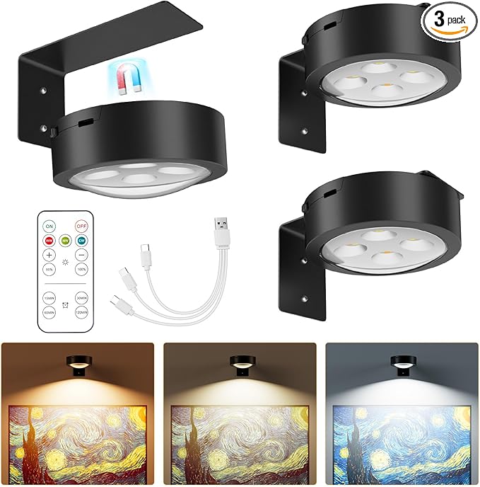 Brightown 3-Pack Picture Lights for Wall,Rechargeable Battery Operated Painting Light Magnetic Art Display Light with Remote, Puck Lights, Dimmable & Timer Art Lighting for Paintings Wireless,Black