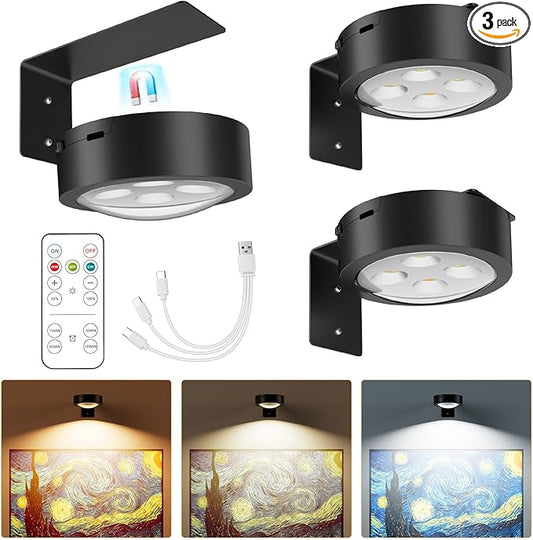 Brightown 3-Pack Picture Lights for Wall,Rechargeable Battery Operated Painting Light Magnetic Art Display Light with Remote, Puck Lights, Dimmable & Timer Art Lighting for Paintings Wireless,Black
