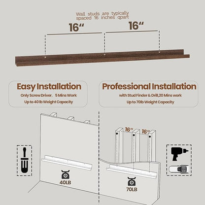 Heimlove Picture Ledge Shelf,48 inch Long Floating Shelves for Wall Set of 2,Picture Shelf with Lip for Wall Decor,Living Room,Bedroom,Bookshelf,Nursery,Perfume,Walnut Color