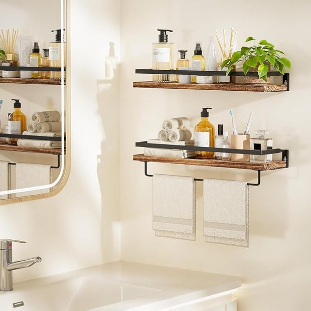 AMADA HOMEFURNISHING Bathroom Shelves with Towel Bar, Floating Shelves, Wall Shelves for Bathroom/Living Room/Kitchen/Bedroom, Rustic Brown, Set of 2 - AMFS01BN