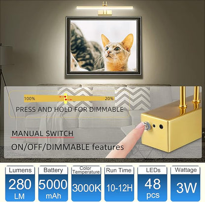 FUNCHDAY Picture Light Wireless, 13inch Rechargeable Battery Operated Gallery Painting Light with Remote, 280LM Dimmable Metal Art Lights for Paintings,Wall,Portrait (Brass)