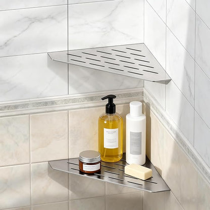 BWE 10" Corner Shower Shelves, 304 Stainless Steel Floating Corner Sheves for Wall, Heavy Duty Recessed Bathroom Shower Shelves Slot Design for Tiled Wall, No Drilling Needed 2 Pack Brushed Nickel