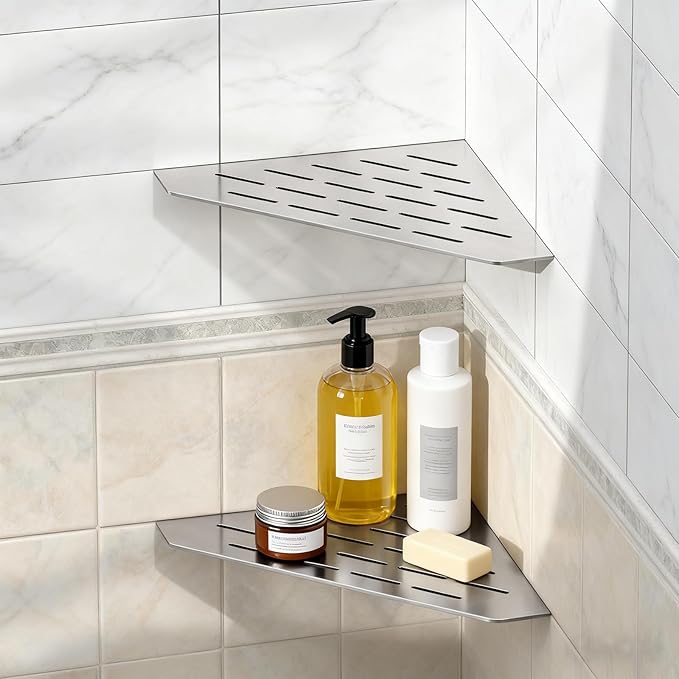 BWE 10" Corner Shower Shelves, 304 Stainless Steel Floating Corner Sheves for Wall, Heavy Duty Recessed Bathroom Shower Shelves Slot Design for Tiled Wall, No Drilling Needed 2 Pack Brushed Nickel