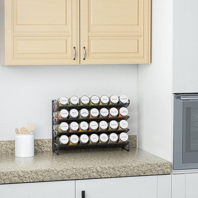 SpaceAid Spice Rack Organizer with 28 Spice Jars, 386 Spice Labels, Chalk Marker and Funnel Set for Cabinet, Countertop, Pantry, Cupboard or Door & Wall Mount - 28 Jars, 13.4