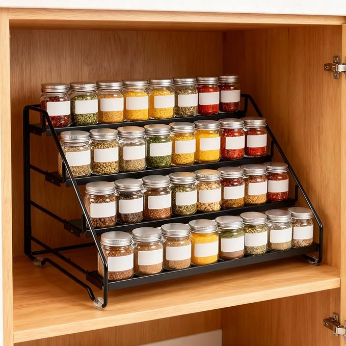 4 Tier Spice Rack for Cabinet, Step Adjustable Spice Shelf, Metal Step Spices Storage Holder with Protection Railing, Seasoning Organizer for Countertop, Cupboard, Pantry