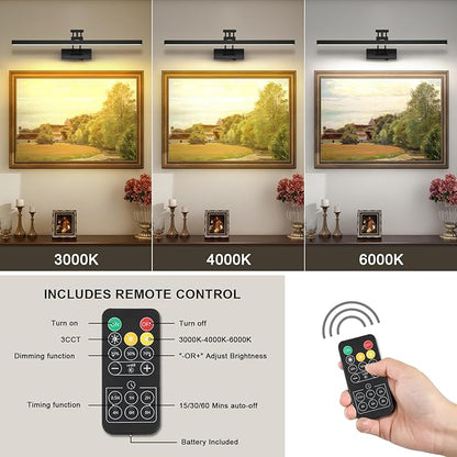 LED Battery Operated Picture Lights with Remote Wireless Art Lighting for Wall 23.6 Inch Rechargeable Painting Black Frame Light Dimmable 3CCT Gallery Light for Library Portrait