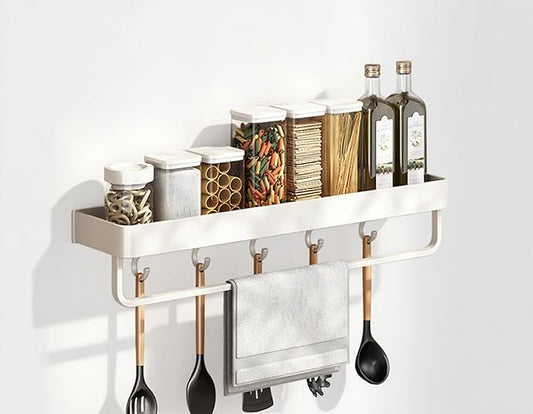 SEIDO Space-Saving Kitchen Utensil Holder | No-Drill Shelf Organizer | Wall Mount Spice Rack with Hooks & Bar for Bathroom | Space Aluminum | 20 Inch Long | White