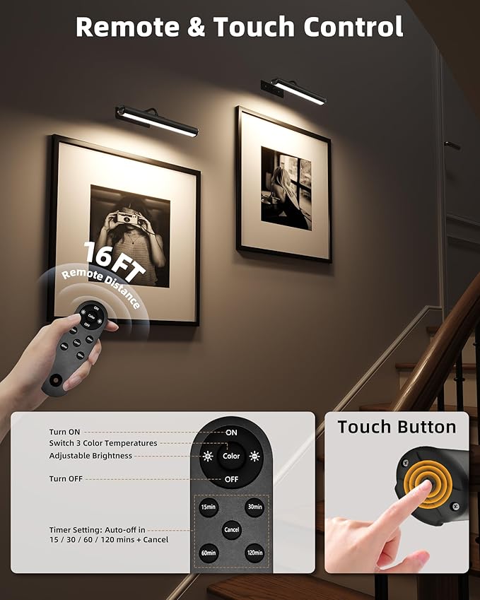 EZVALO 13Inch Wireless Picture Lights, 4000mAh Rechargeable Battery Art Lights with Remote, Dimmable 3 Color Temps LED Painting Lights for Living Room, Bedroom, Hallway (Black, 2Pack)