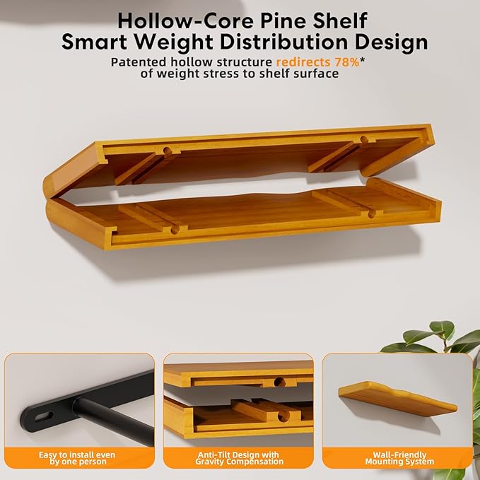 Floating Shelves for Wall Rustic Farmhouse 48 Inch Floating Shelf Bathroom Wooden Shelves for Wall Mounted Live Edge Pine Shelf with Unique Natural Grain for Living Room Bedroom Kitchen (Honey Walnut)