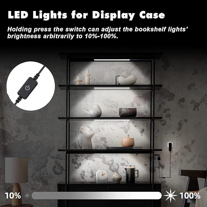 JUSJUBR Display Cabinet Lights, LED Shelf Lighting with Memory Function, 4x12 Inch Black Display Case LED Lighting, LED Lights for Display Case, Cold White 6000K, Ultra-Thin, Dimmable
